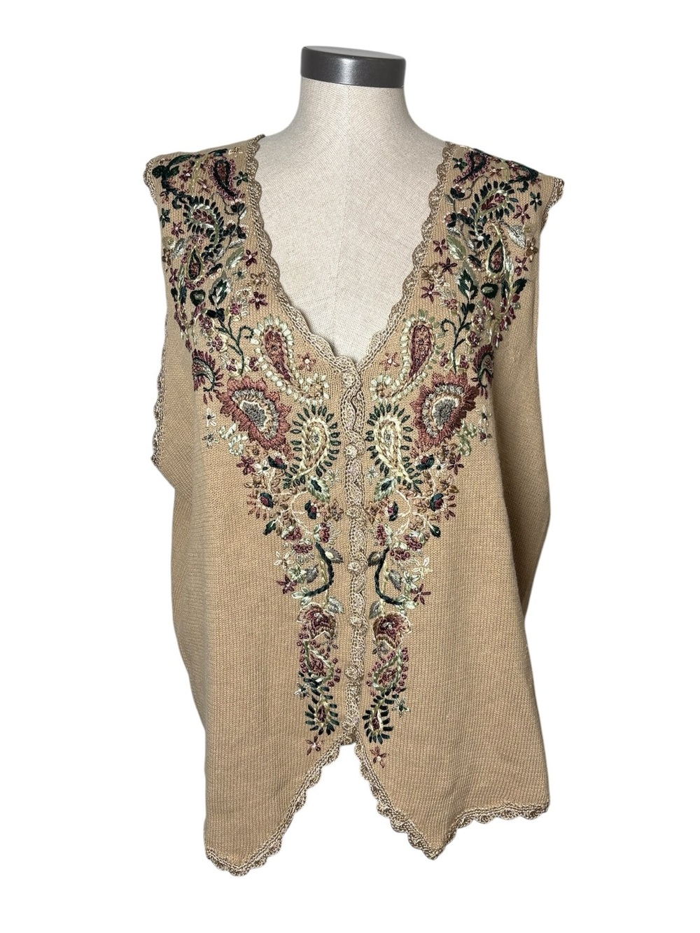 Vintage Erika II Studio 3X Embroidered Knit Vest Floral Paisley Cottagecore